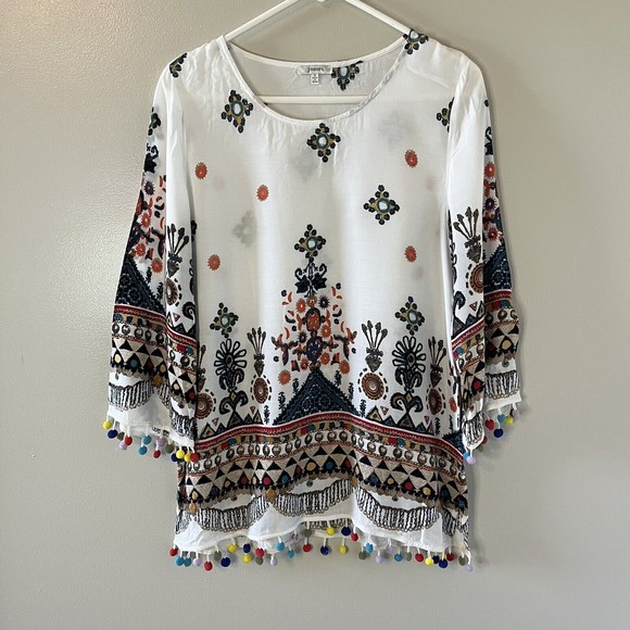 Jodifl Womens Printed Top Colorful Tassels Shirt 3/4 Sleeve Size Small - Picture 1 of 7